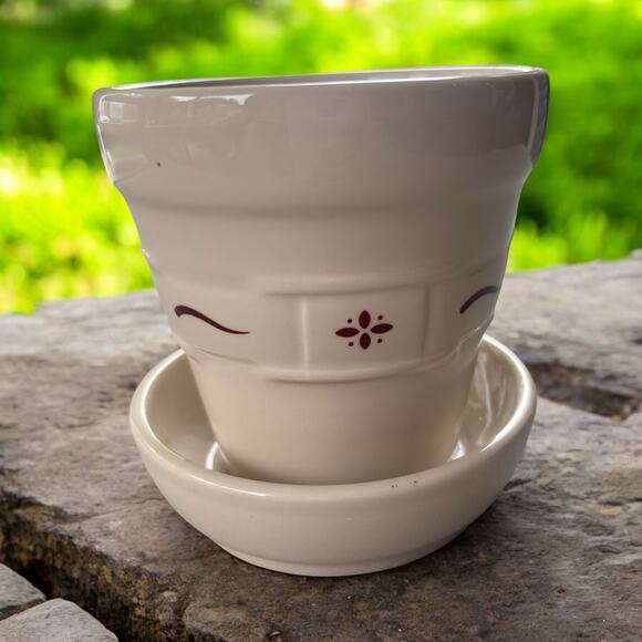 Longaberger USA Pottery small Flower Pot flowerpot & Saucer in Traditional red - Picture 1 of 3